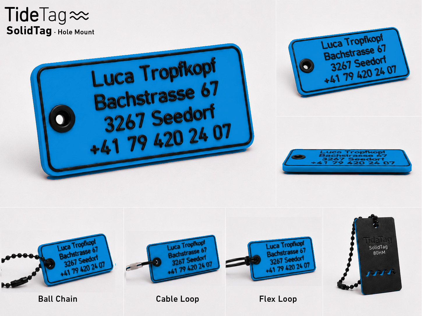SolidTag Hole Mount in Blau, Collage mit Ansichten und Befestigungsvarianten