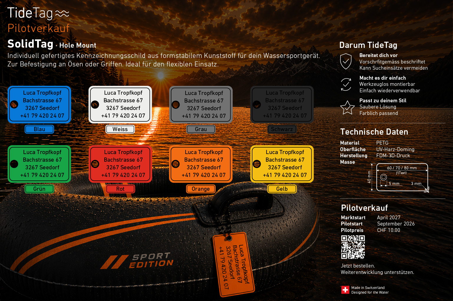 Verkaufsdisplay SolidTag Hole Mount: acht Farben, technische Daten und orangefarbenes Tag am Griff