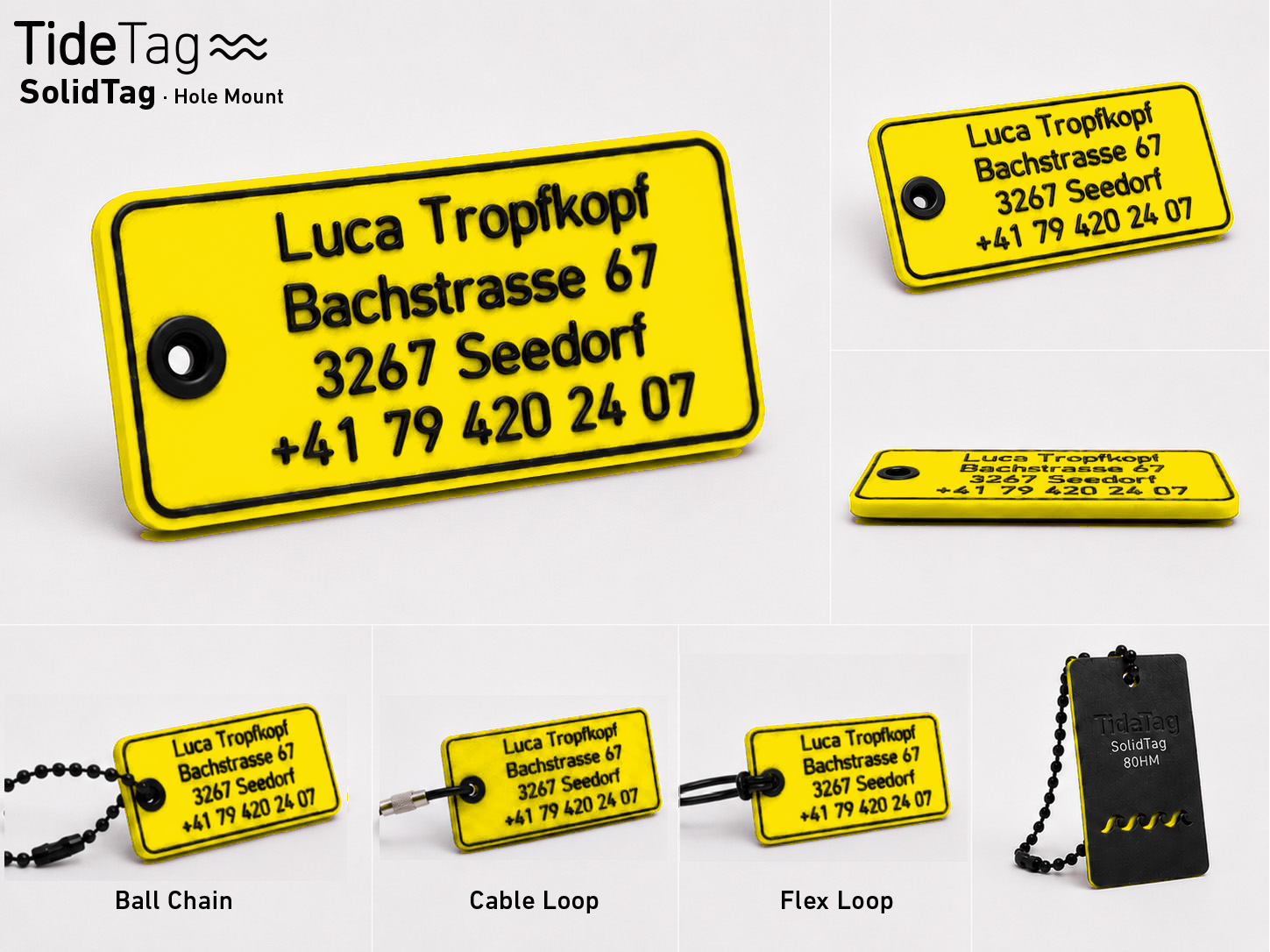 SolidTag Hole Mount in Gelb, Collage mit Ansichten und Befestigungsvarianten