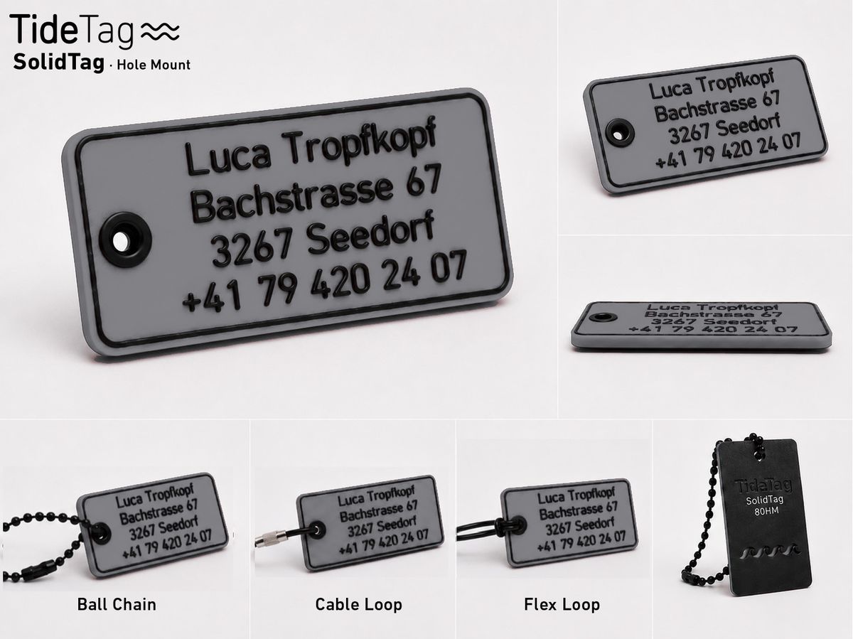 SolidTag Hole Mount in Grau, Collage mit Ansichten und Befestigungsvarianten