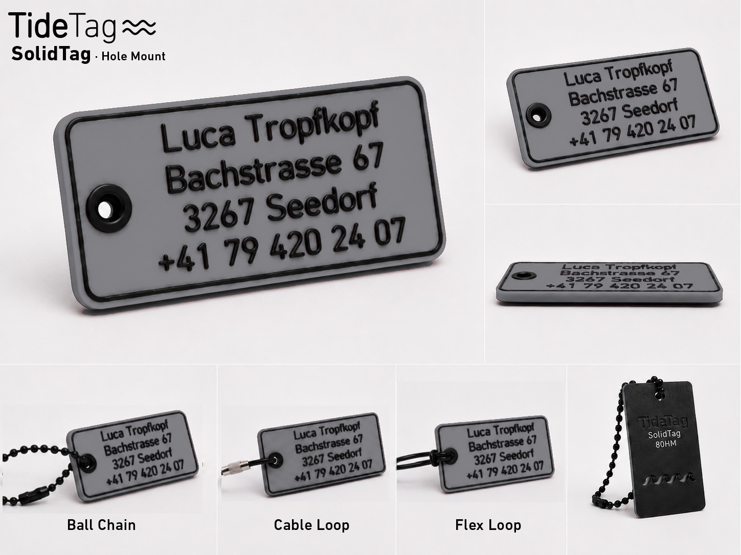 SolidTag Hole Mount in Grau, Collage mit Ansichten und Befestigungsvarianten