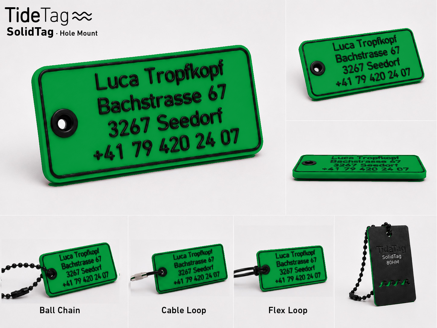 SolidTag Hole Mount in Grün, Collage mit Ansichten und Befestigungsvarianten