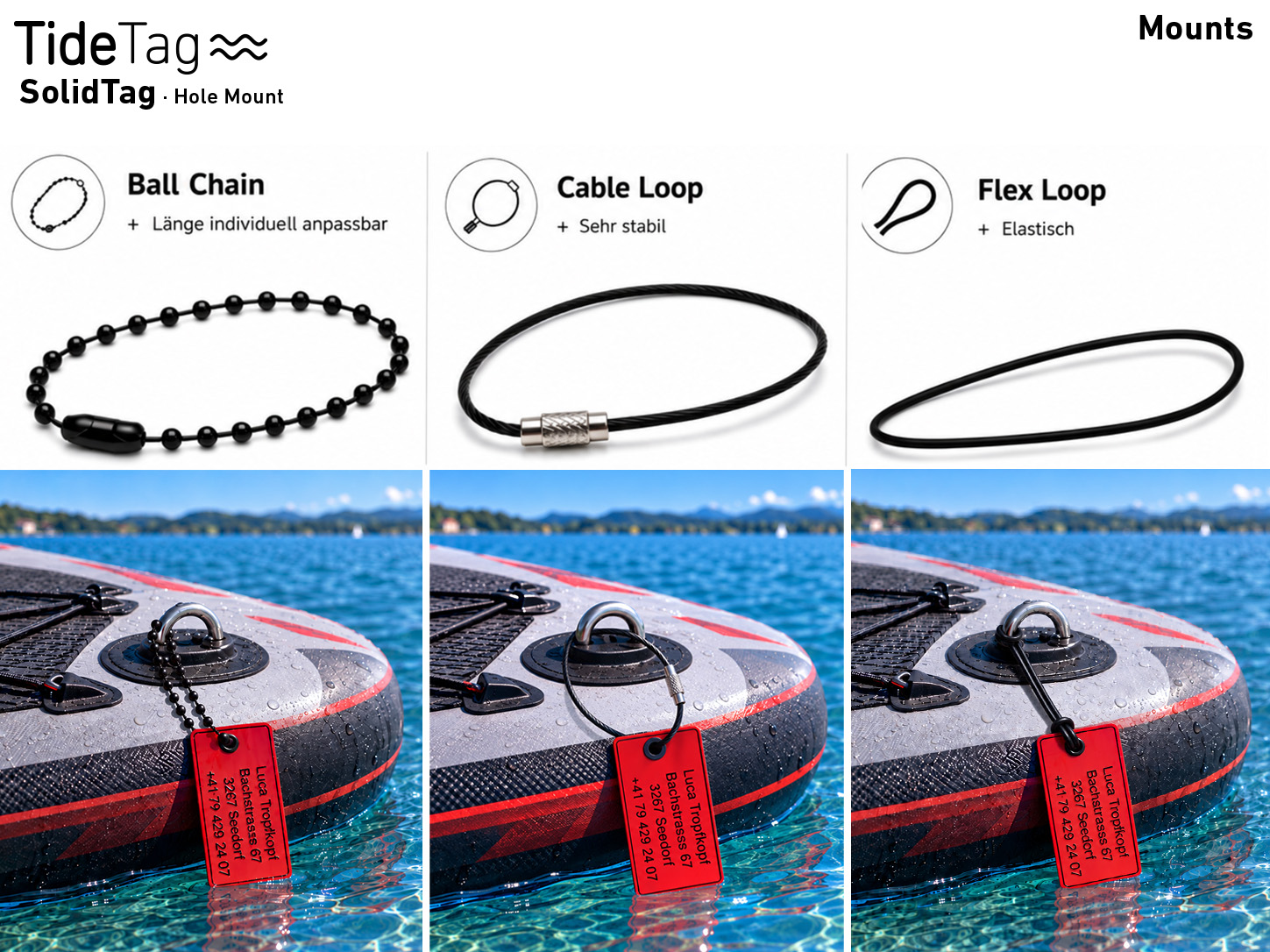 Drei Befestigungen für SolidTag Hole Mount: Ball Chain, Cable Loop und Flex Loop, jeweils als Hardware und am Board