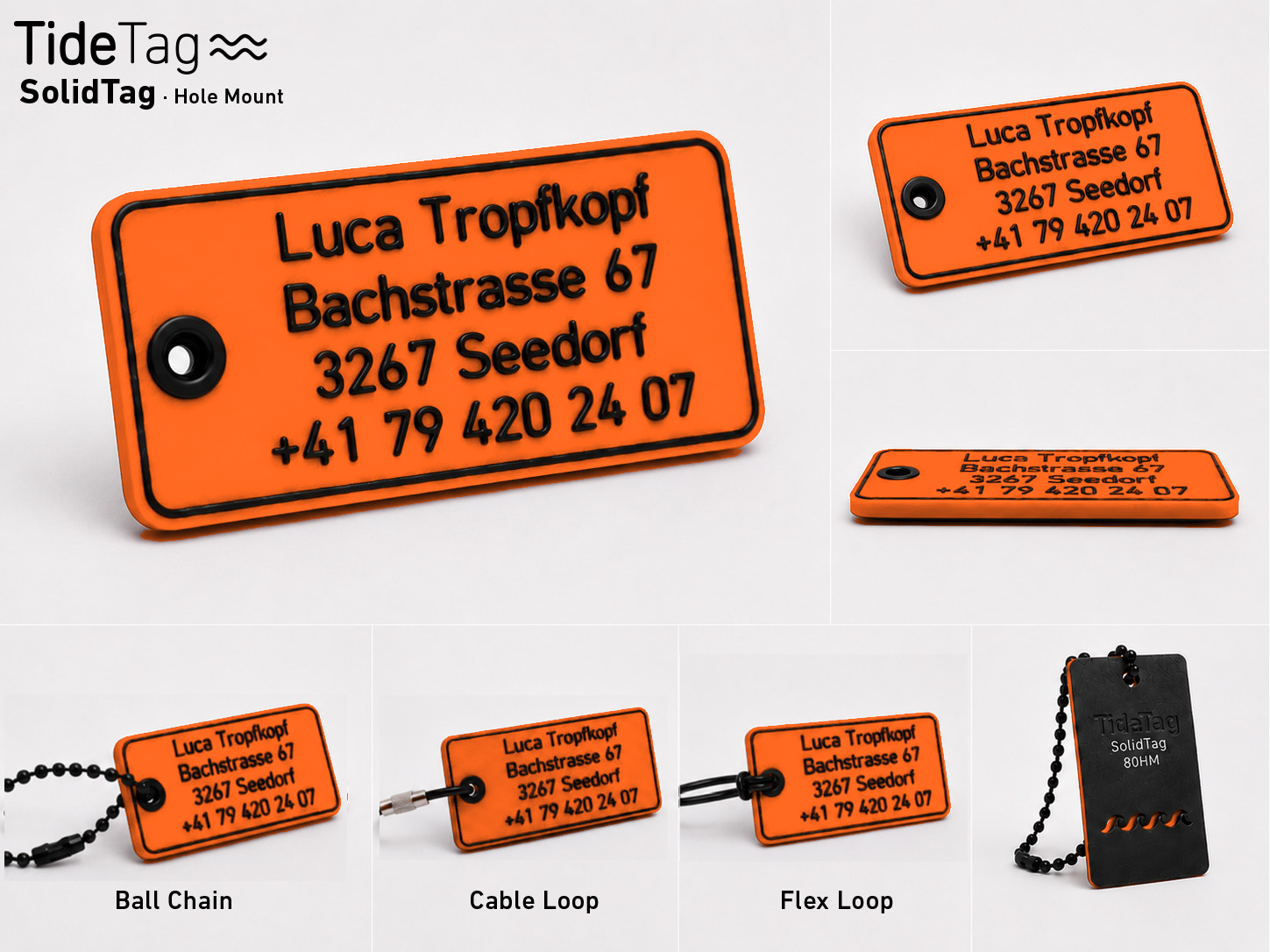 SolidTag Hole Mount in Orange, Collage mit Ansichten und Befestigungsvarianten
