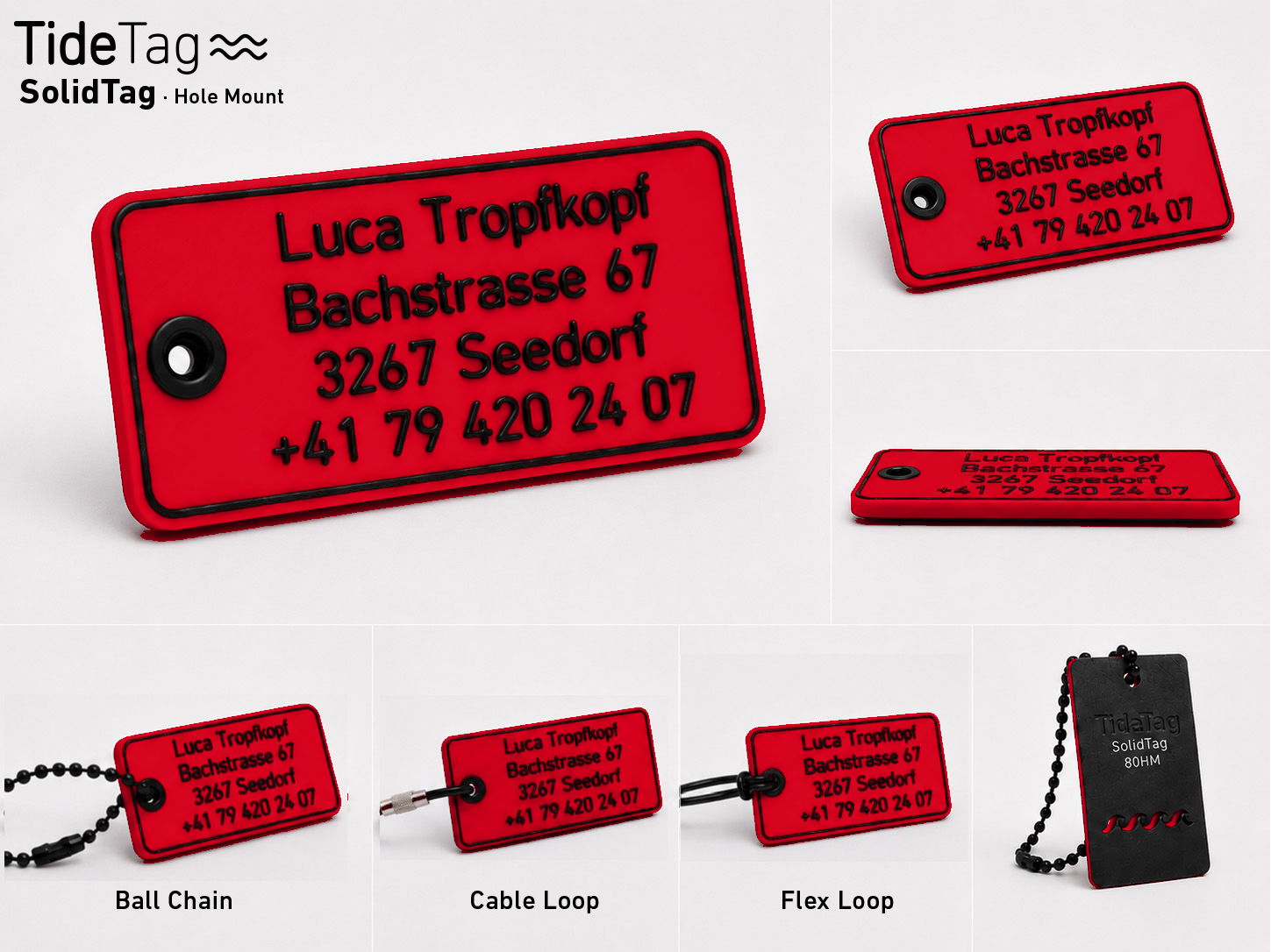 SolidTag Hole Mount in Rot, Collage mit Ansichten und Befestigungsvarianten