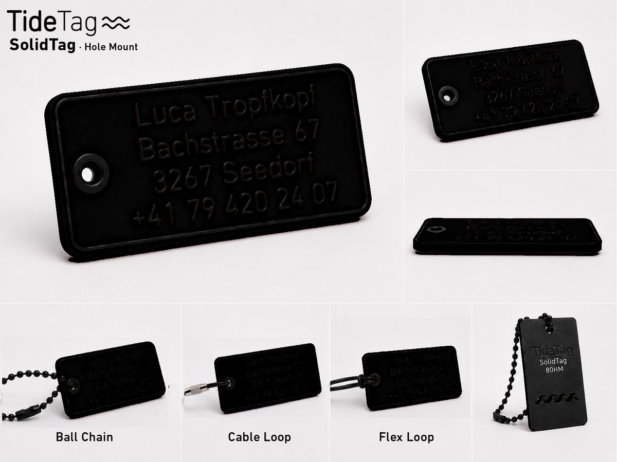 SolidTag Hole Mount in Schwarz, Collage mit Ansichten und Befestigungsvarianten