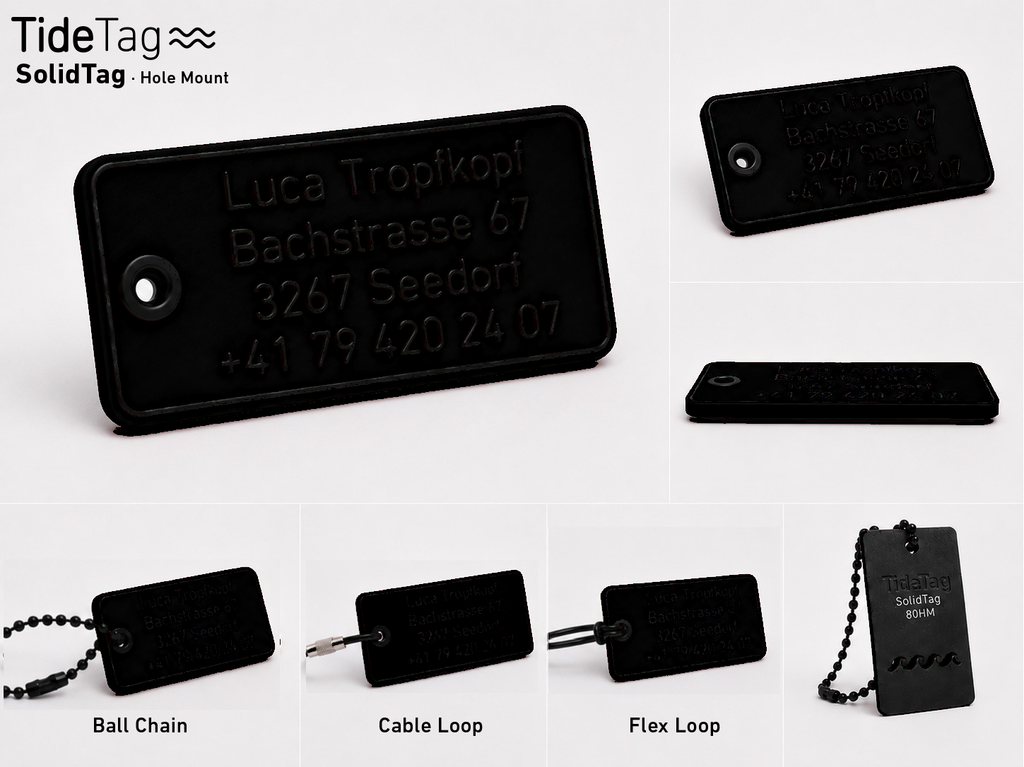 SolidTag Hole Mount in Schwarz, Collage mit Ansichten und Befestigungsvarianten