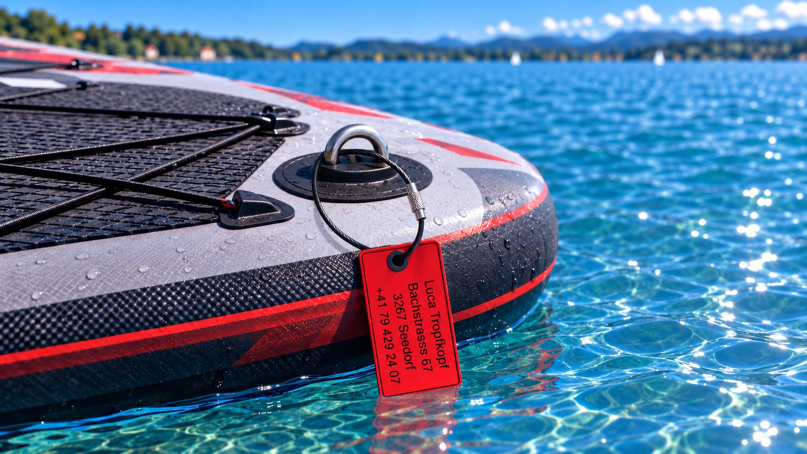Rotes SolidTag Hole Mount am D-Ring eines SUPs auf dem See