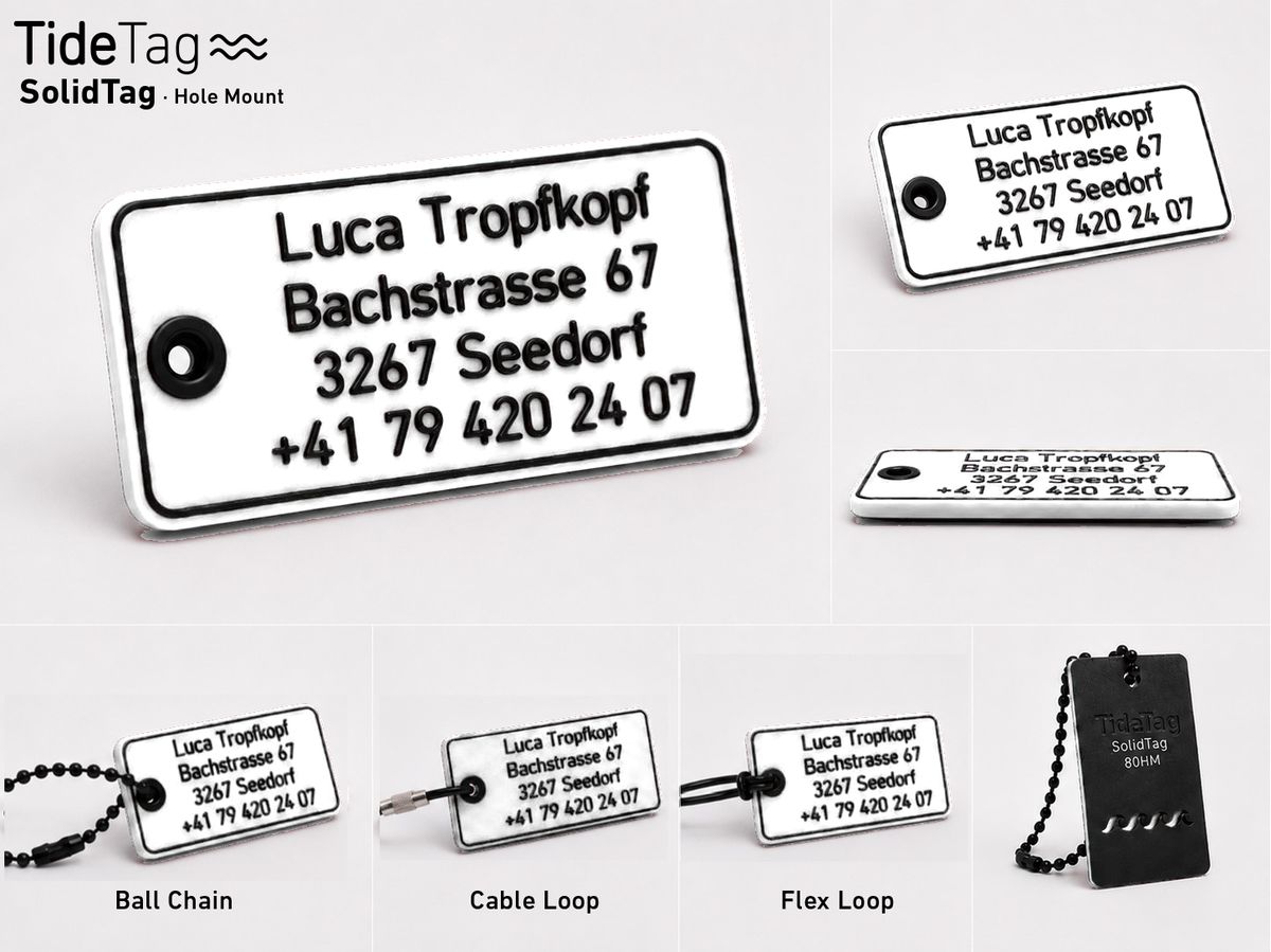 SolidTag Hole Mount in Weiss, Collage mit Ansichten und Befestigungsvarianten