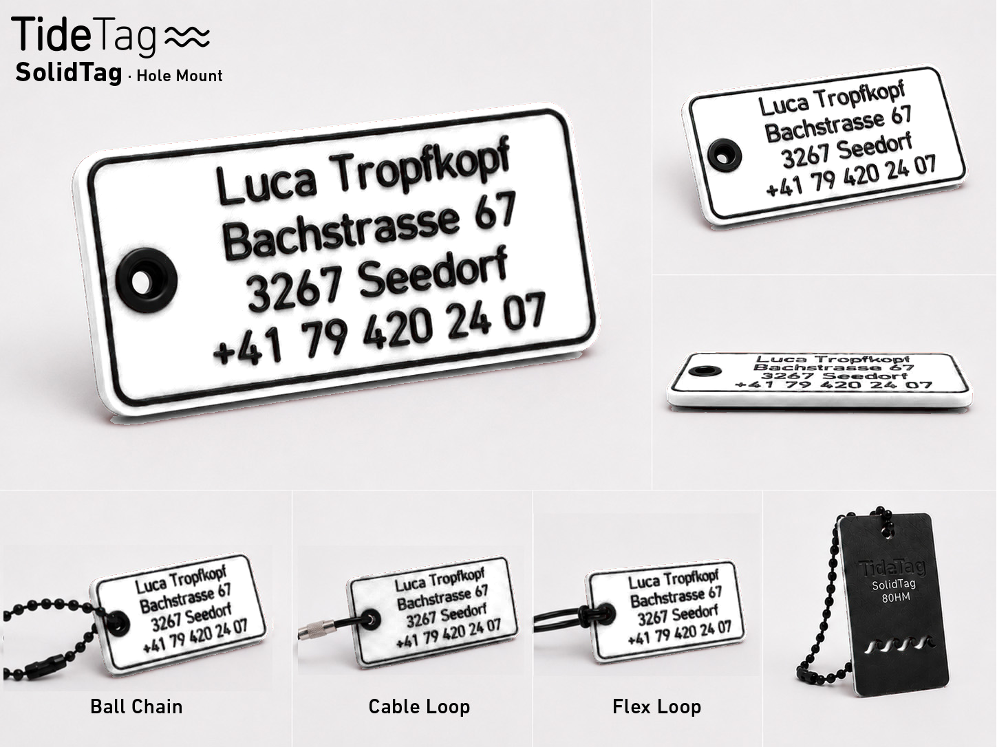 SolidTag Hole Mount in Weiss, Collage mit Ansichten und Befestigungsvarianten