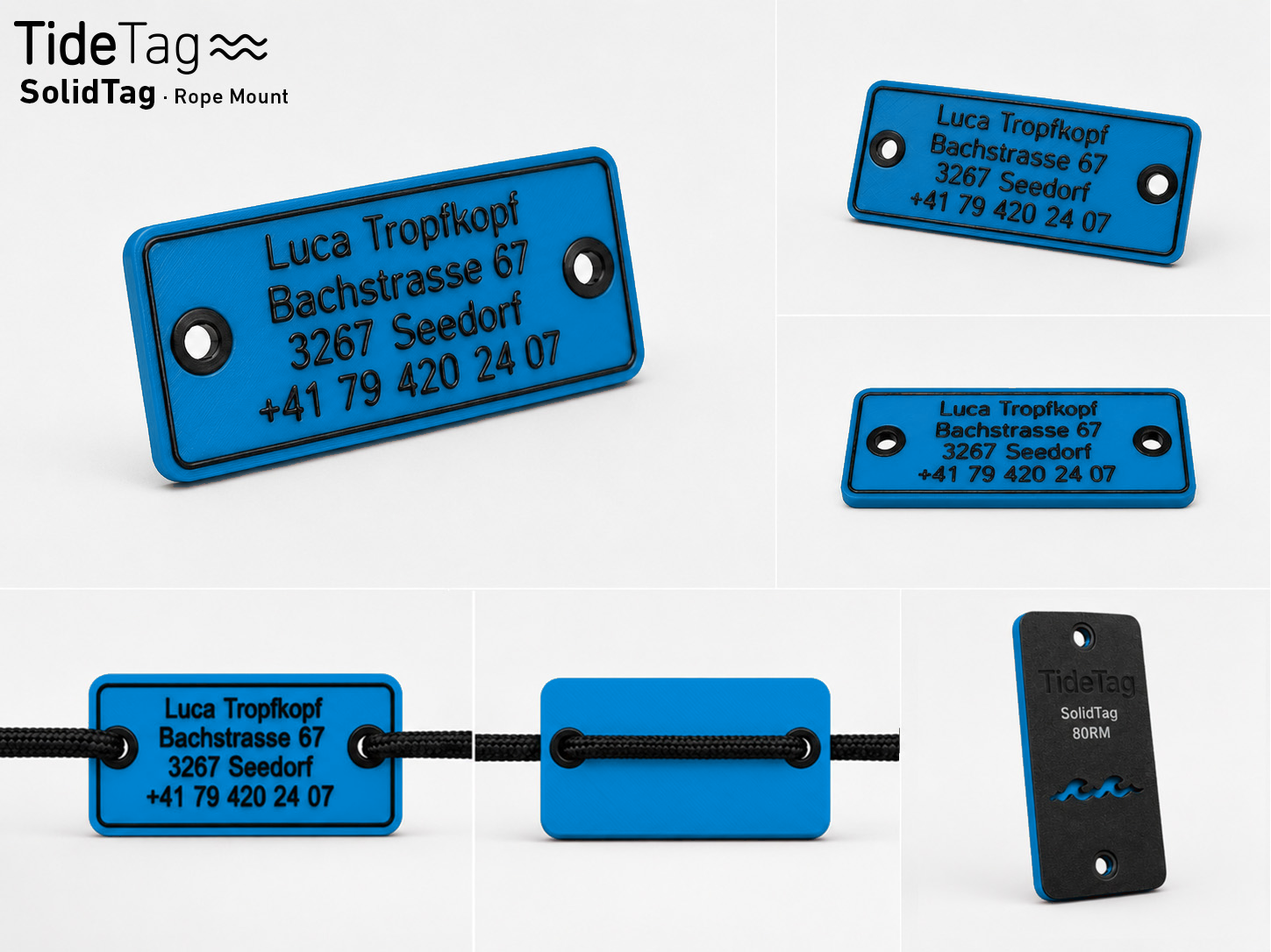 SolidTag Rope Mount in Blau, Collage mit Ansichten und Montage an der Leine