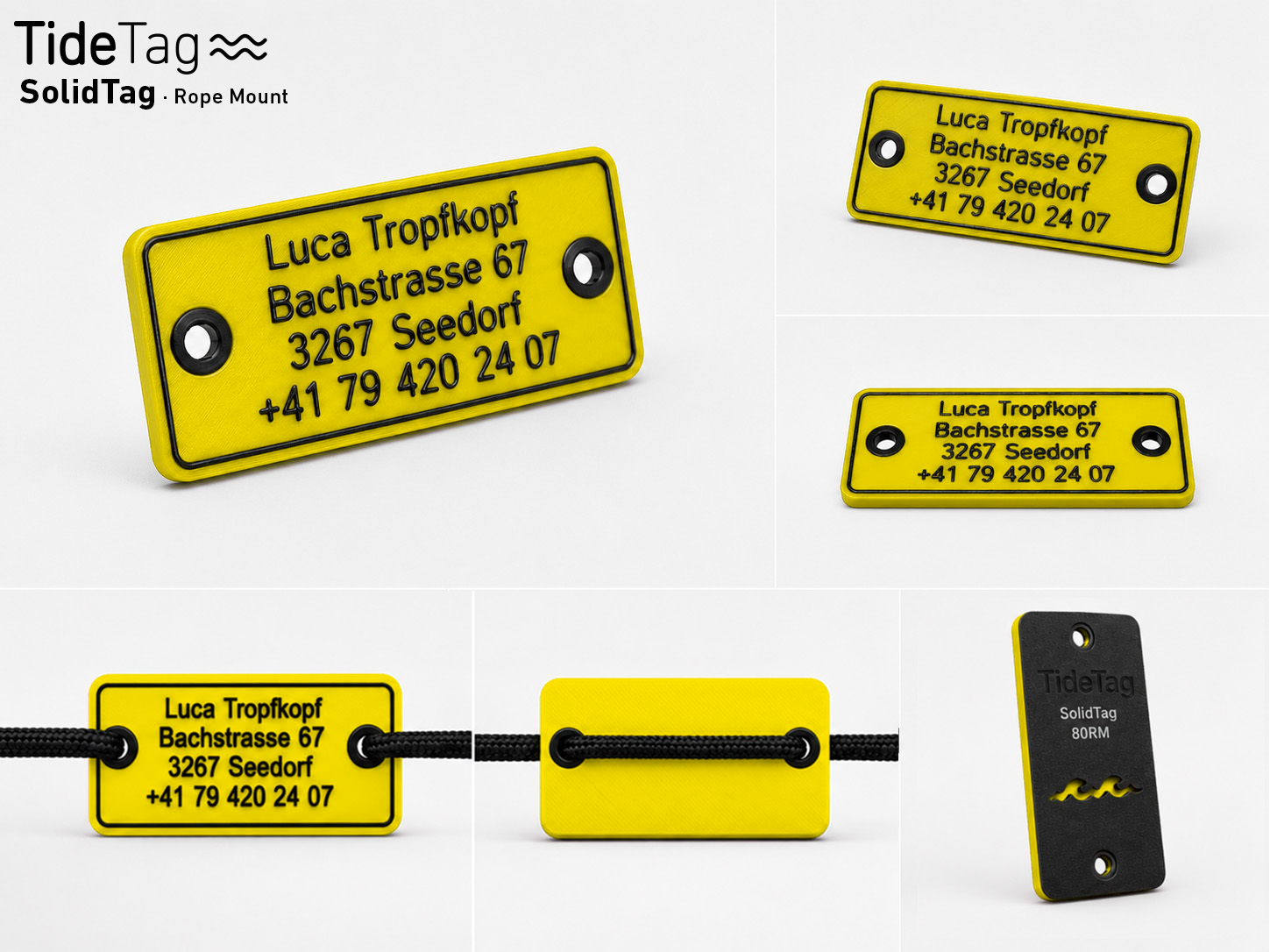 SolidTag Rope Mount in Gelb, Collage mit Ansichten und Montage an der Leine