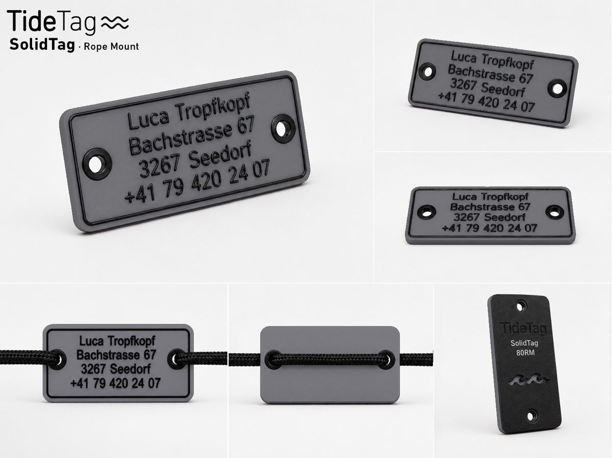 SolidTag Rope Mount in Grau, Collage mit Ansichten und Montage an der Leine