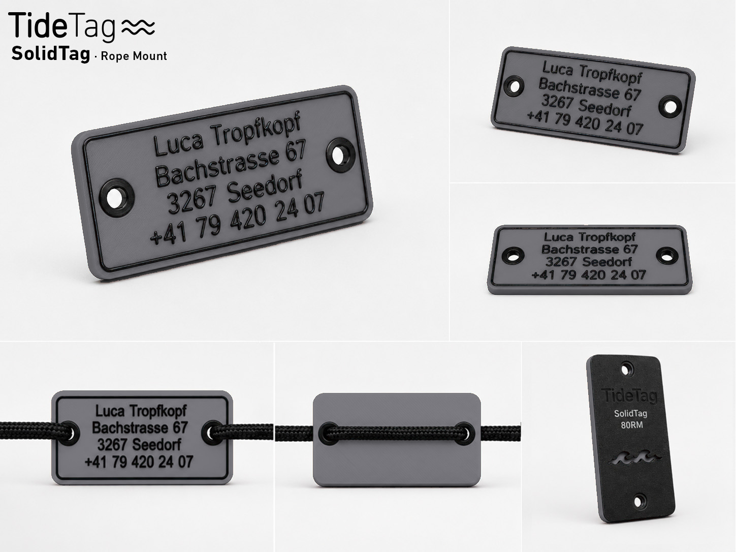 SolidTag Rope Mount in Grau, Collage mit Ansichten und Montage an der Leine