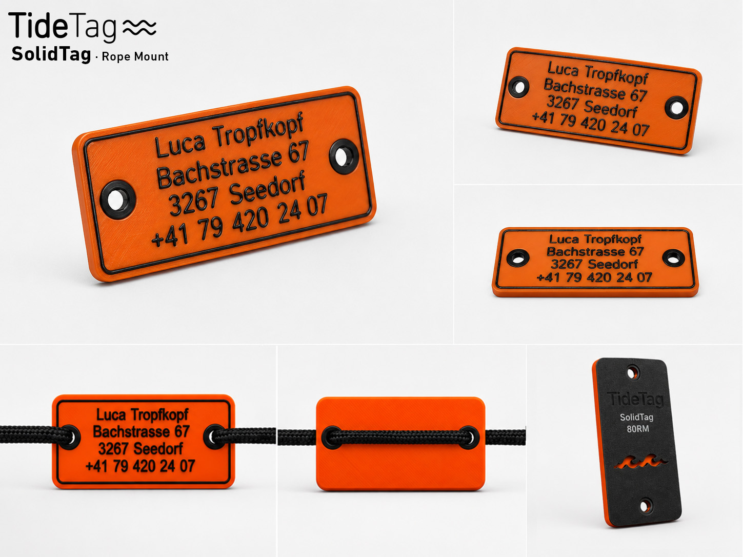 SolidTag Rope Mount in Orange, Collage mit Ansichten und Montage an der Leine