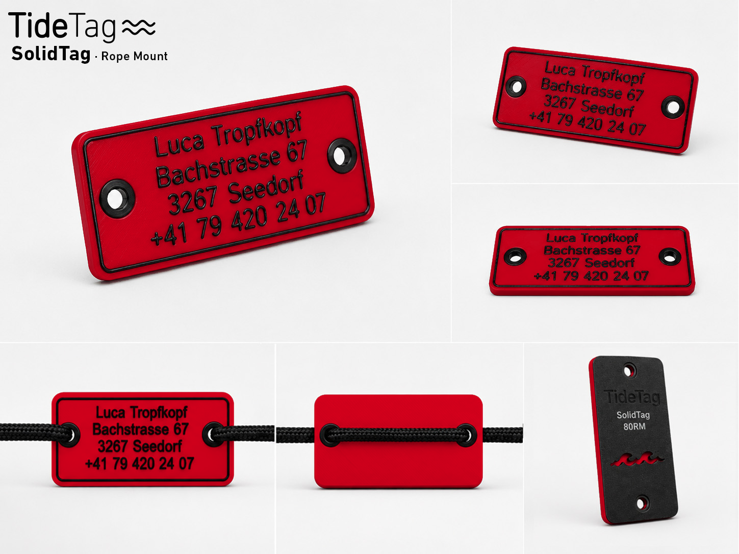 SolidTag Rope Mount in Rot, Collage mit Ansichten und Montage an der Leine