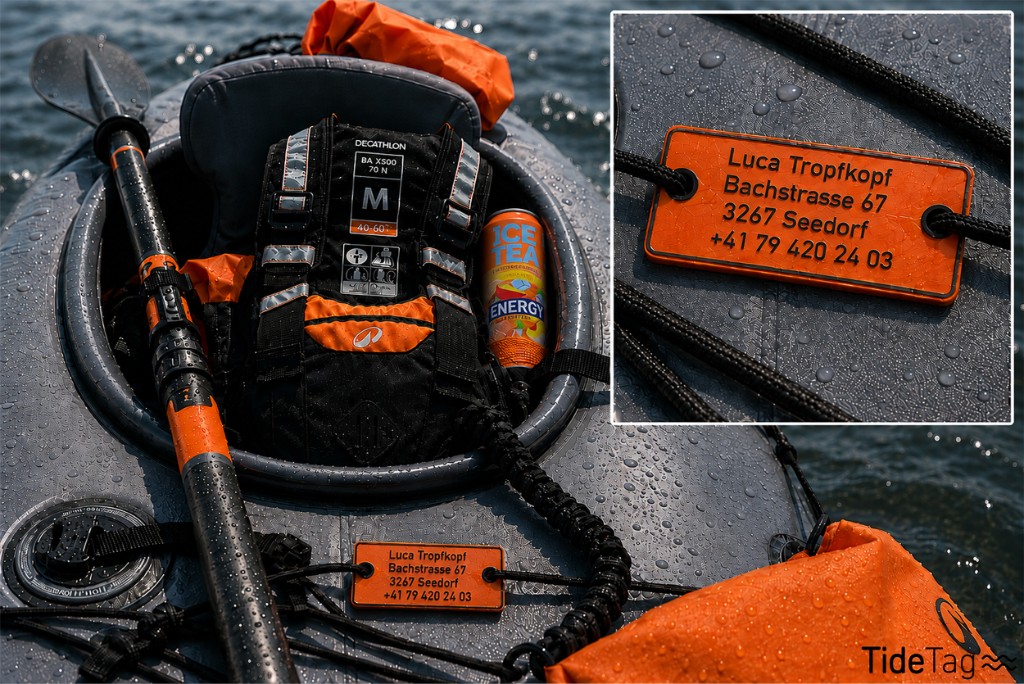 Oranges SolidTag an der Deckeline eines Schlauchboots, mit Nahaufnahme der Beschriftung