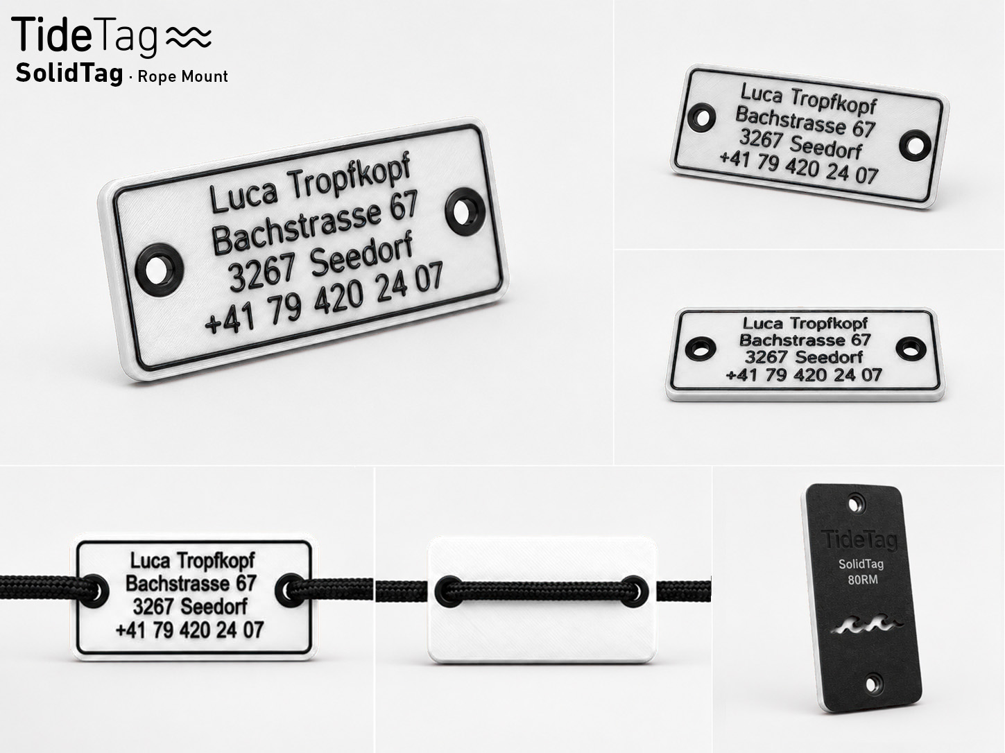 SolidTag Rope Mount in Weiss, Collage mit Ansichten und Montage an der Leine